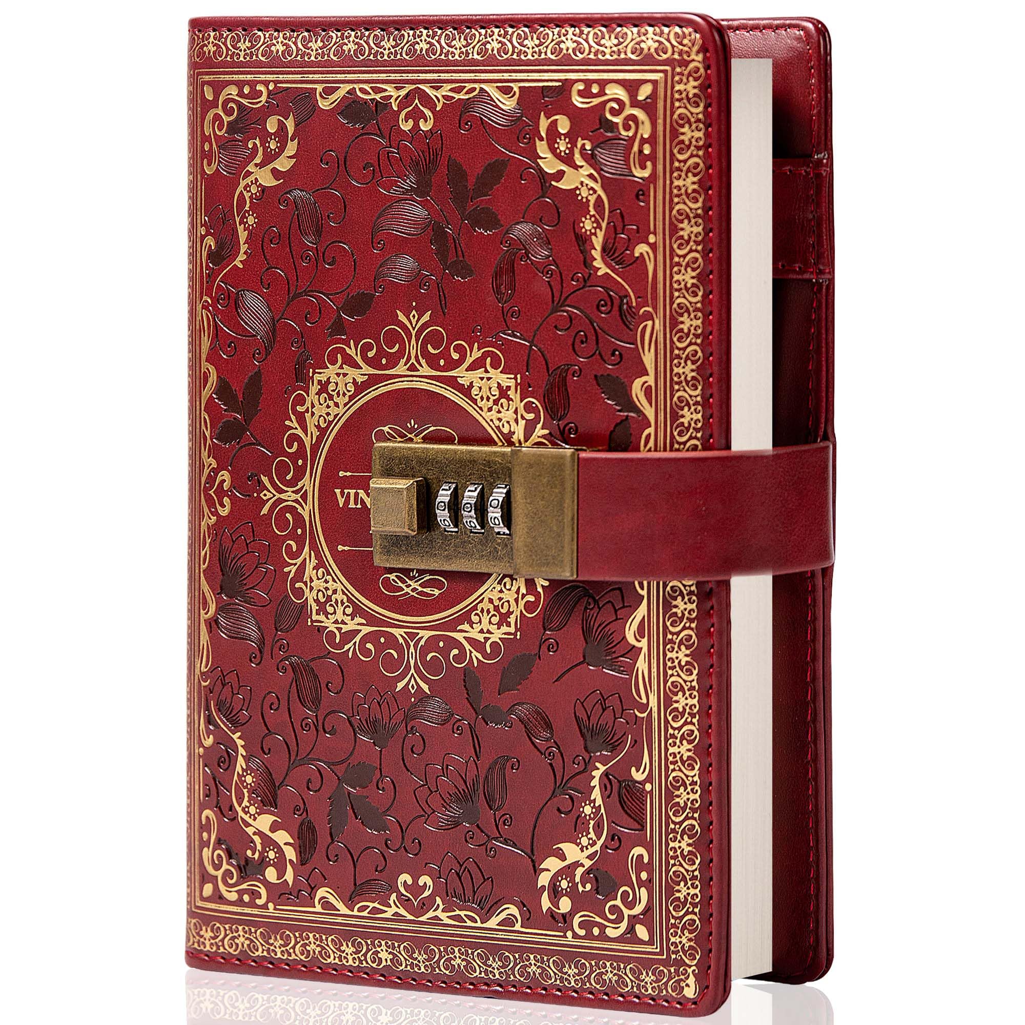 TIEFOSSI Vintage Leather Journal Notebook with Combination Lock, B6 Embossed Flower Secret Diary Ruled Lined Paper for Writing, Gift for Women Girls Children (Wine)
