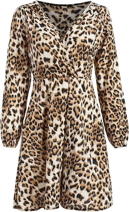 Spring Long Sleeve Leopard Print Women Wrap Dress Deep V Neck High Waist Casual A Line Dresses 