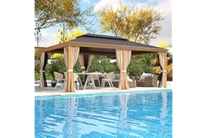 EROMMY 14' x 20' Hardtop Gazebo, Wooden Finish Coated Aluminum Frame Canopy with Double Galvanized Steel Roof, Outdoor Permanent Metal Pavilion with Curtains and Nettings for Patio, Backyard and Deck