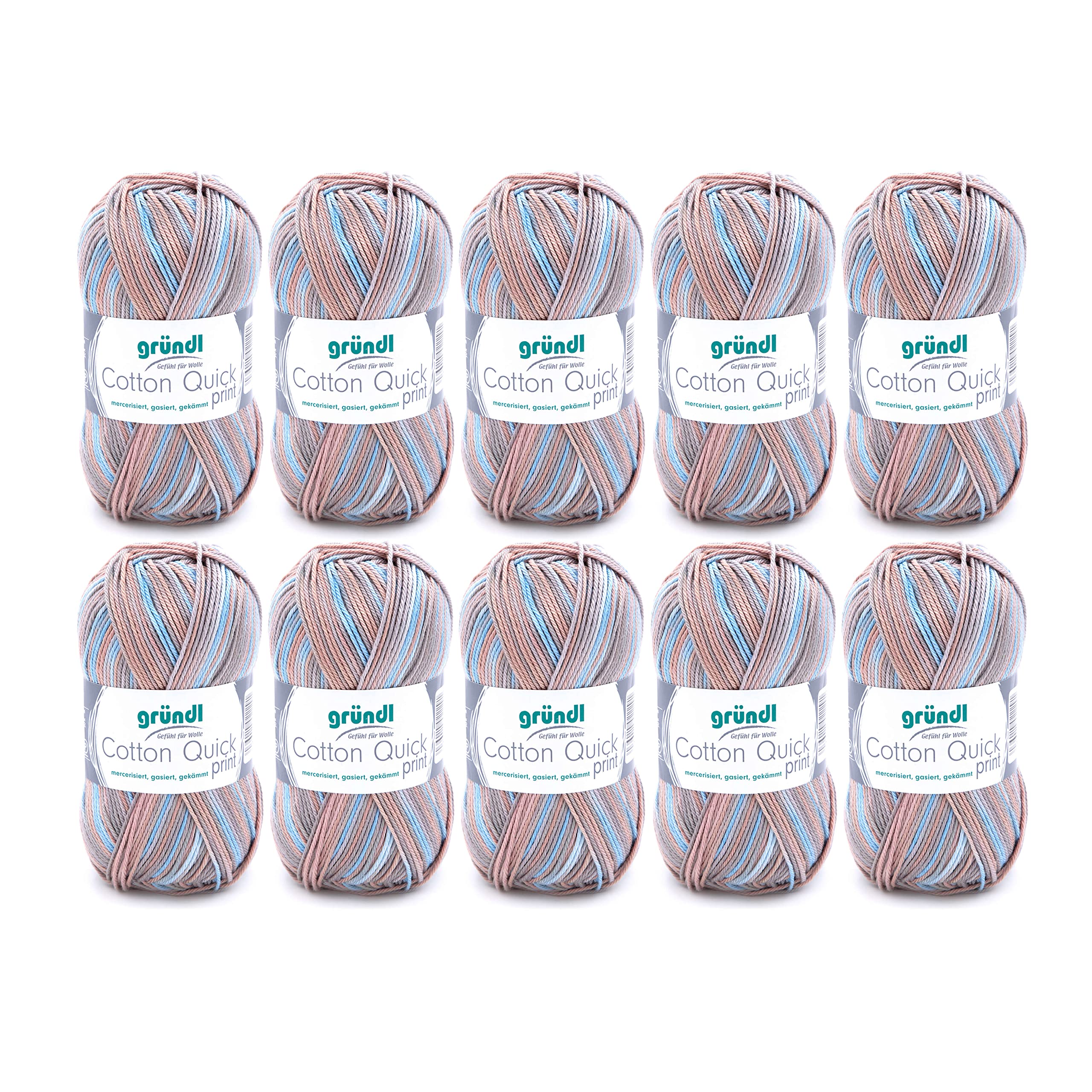 Gründl Cotton Quick Print Knitting/Crochet Yarn (Colourful Yarn Made of 100% Cotton, Oeko-TEX Certified, 50 g / 125 m, Needle Size: 3-4, 10 x 50 g), Beige-Blue-Grey-Mix Colour — image 1