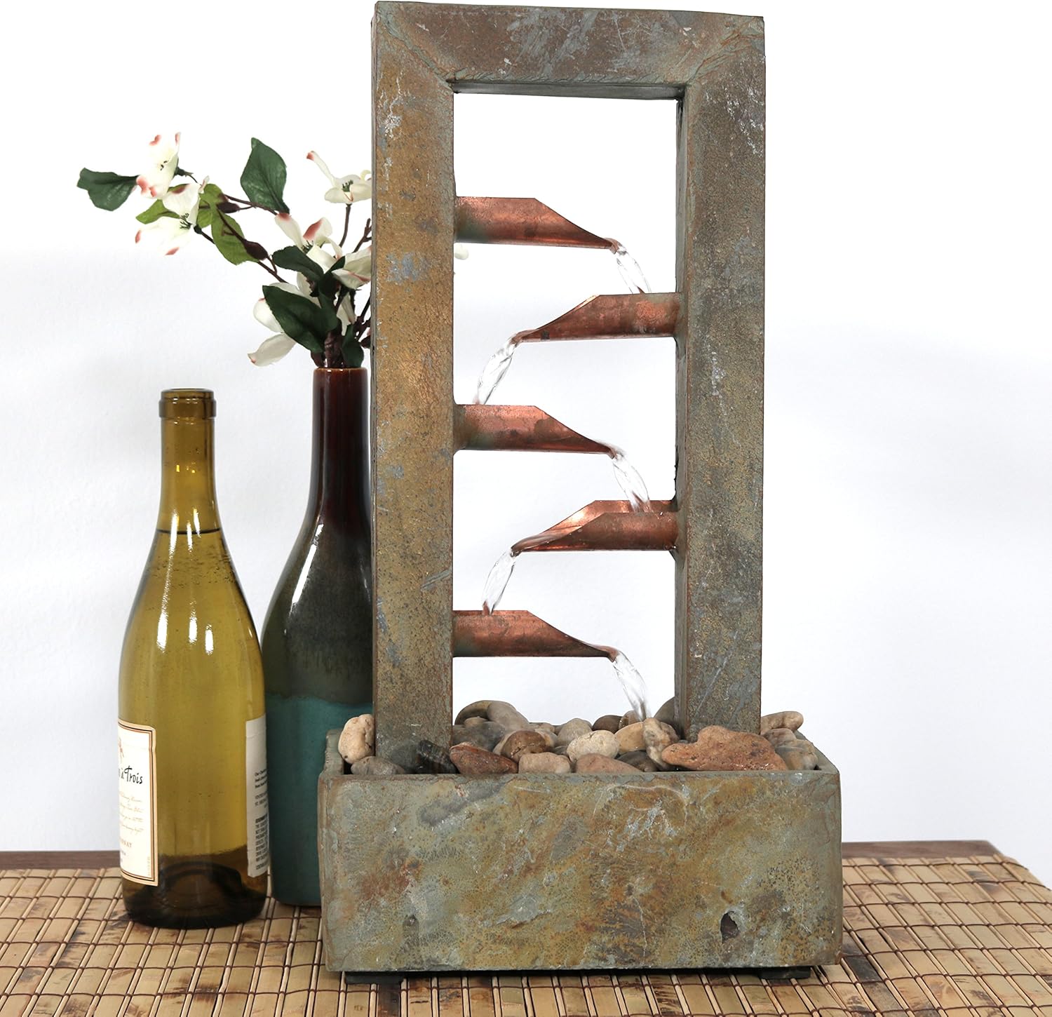 Sunnydaze 5-Tiered Copper and Slate Flowing Indoor Tabletop Fountain - Contemporary Stone Water Feature - Tranquil Decorative Accent for Home or Office - 19-Inch: Kitchen & Dining
