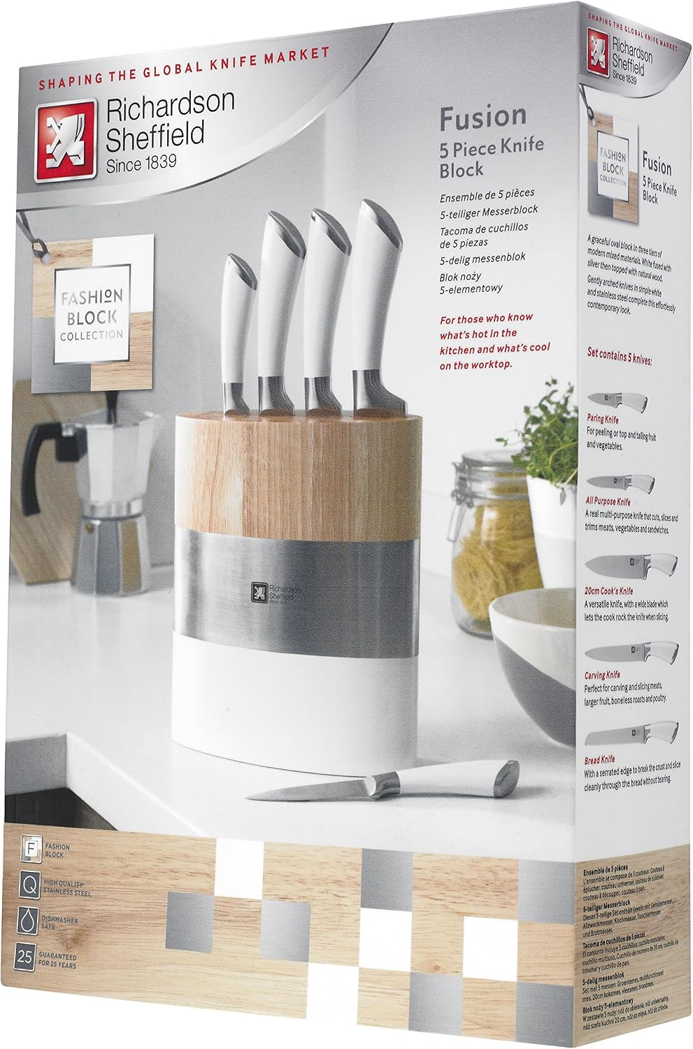 Richardson Sheffield Fusion 5 Piece Kitchen Knife Block Set, White, Stainless Steel, 18 x 10 x 37.6 cm, White; Stainless Steel - Image 3