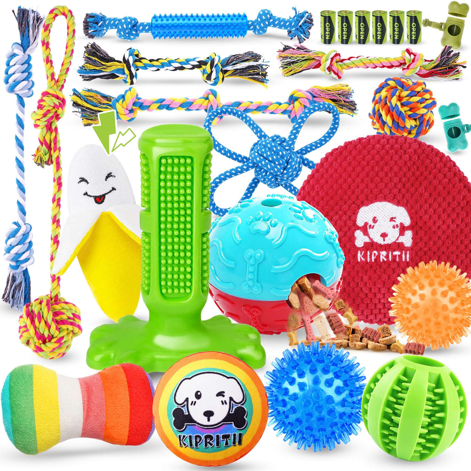 Photo 1 of KIPRITII 25 Pack Various Puppy Dog Toys for Teething, Entertainment & Interaction, Puppy Chew Toys Pack with Rope Toy, Treat Balls and Dog Squeaky Toys for Puppies & Small Dogs