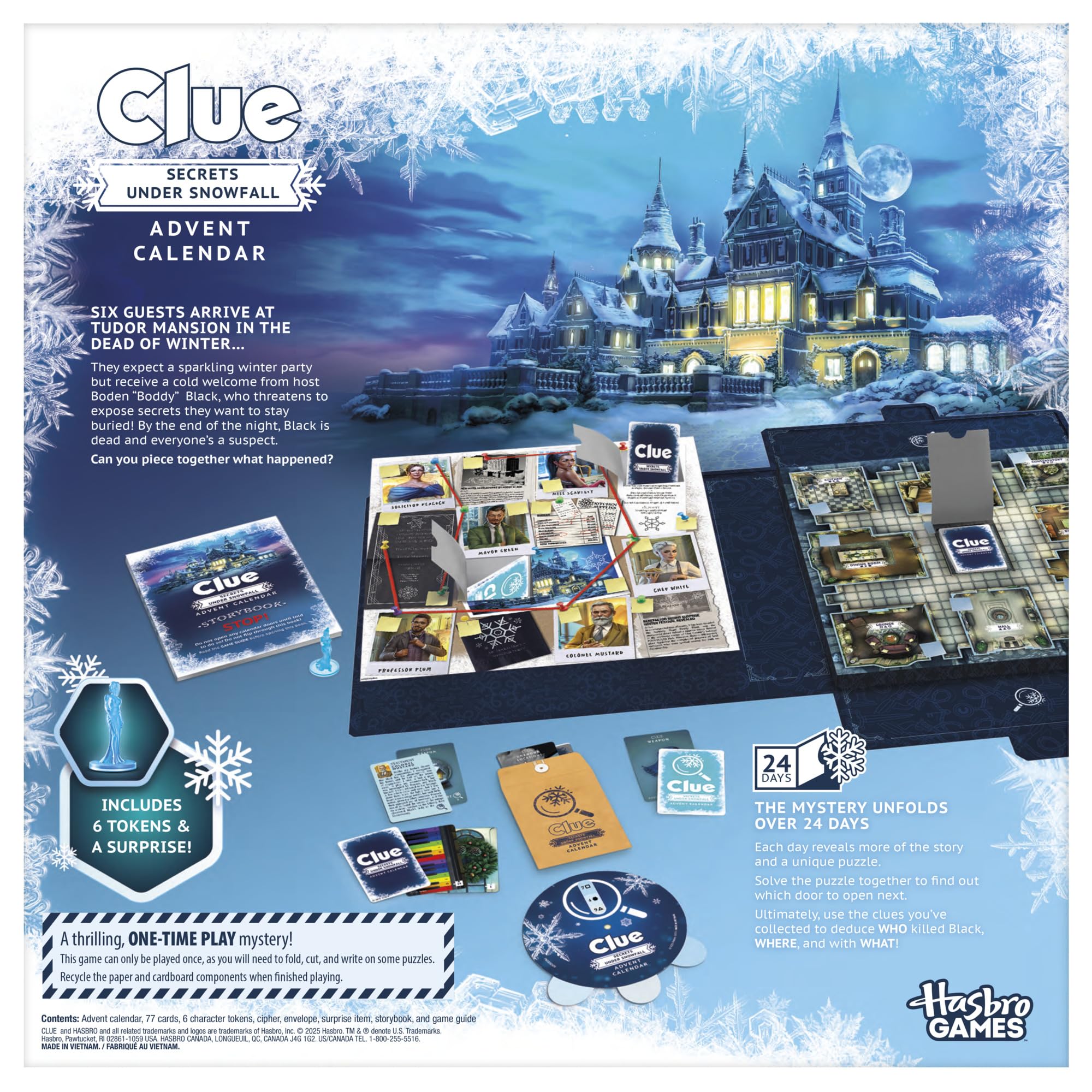 Clue Advent Calendar: Secrets Under Snowfall | 24 Days | Family Mystery Games | with 6 Winter-Themed Tokens and Surprise | Ages 10+ | 1+ Players