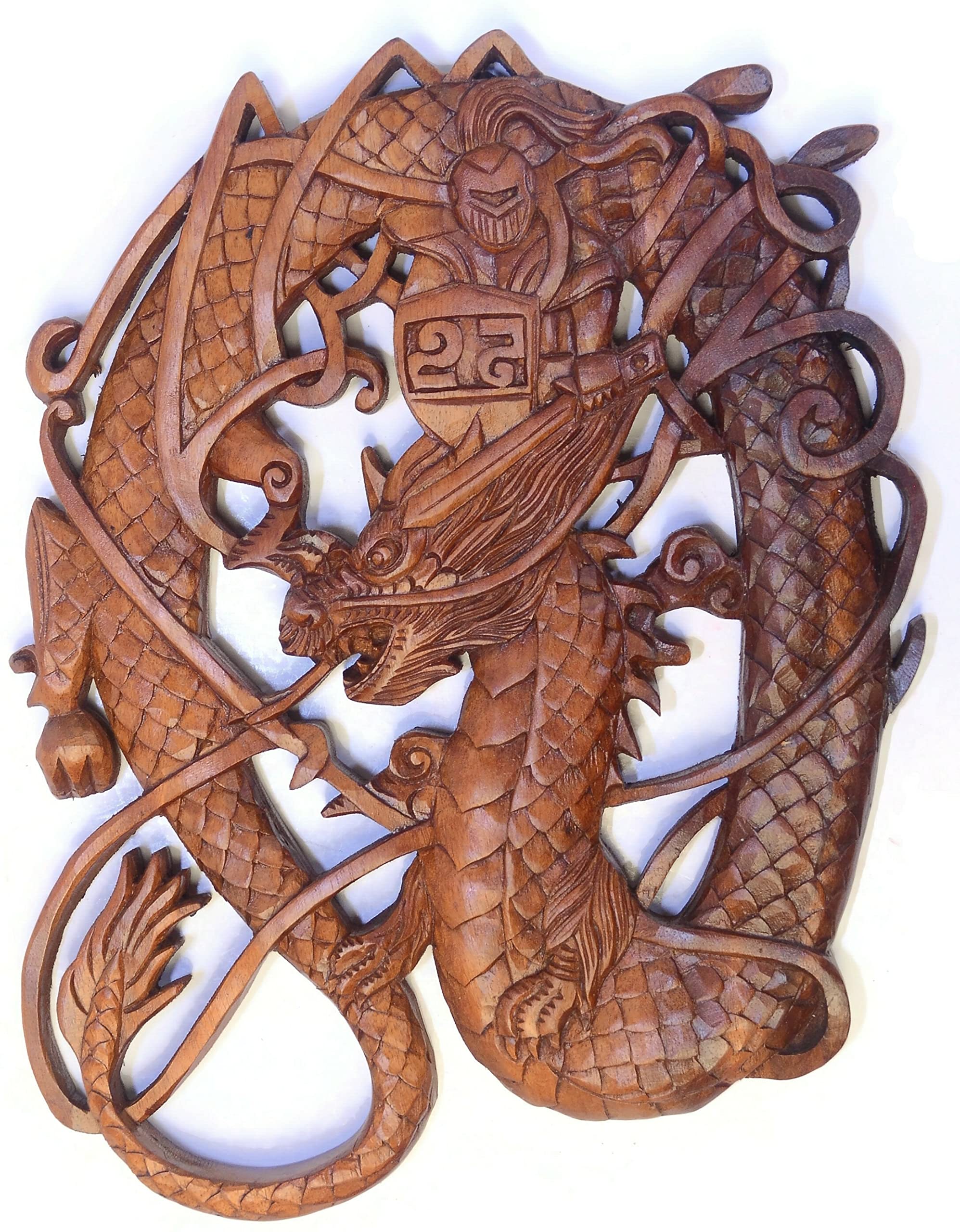 Brave Wings Hand Carved Wooden Dragon ~ Knight vs. Dragon Relief Panel ~ OOAK Ornament Sculpture Figurine Statue Unique Wall Decoration Home Decor Gift for Christmas and Birthdays ~ 4303