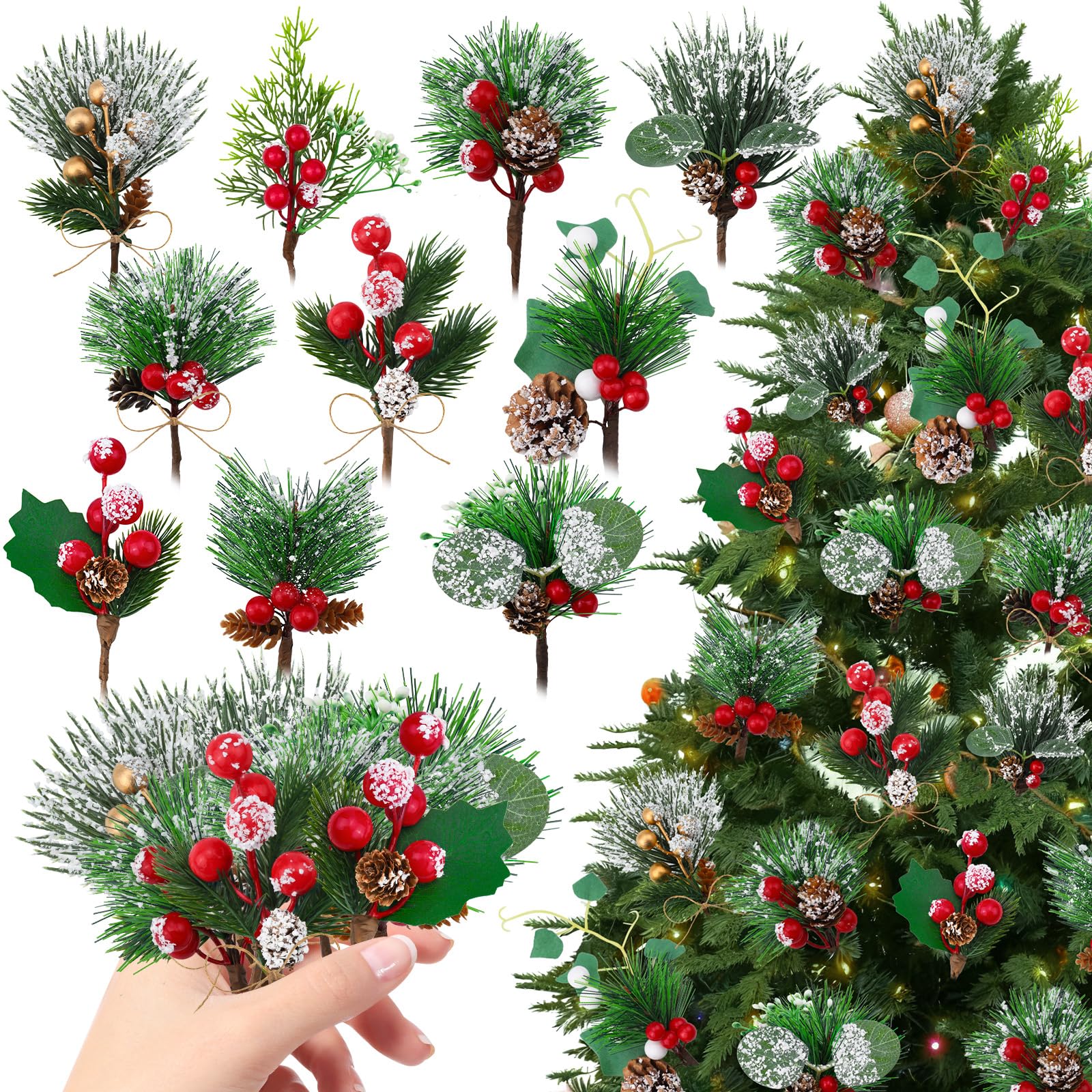 Photo 1 of 50Pack Christmas Picks Artificial Assorted Red Berry Stems and Faux Sprays Pine Picks with Evergreen Holly Sprigs for Winter Crafts Wreath Supplies Christmas Tree Decoration