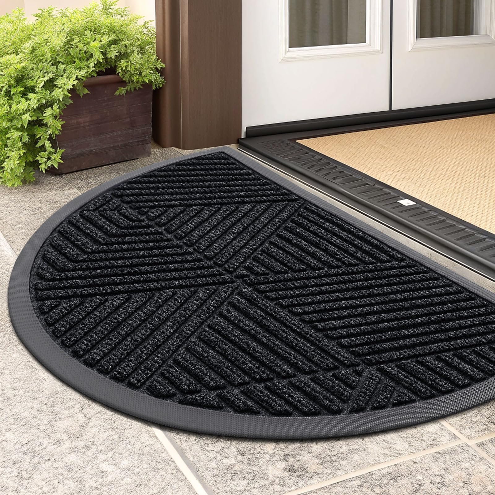 Photo 1 of Smiry Half Circle Front Door Mat Outside Entrance, Heavy Duty Sturdy Natural Rubber Doormat, Trap Dirt and Moisture, Low Profile Mats for Indoor Outdoor Entry, Irregular Triangle (29.5x17, Black)