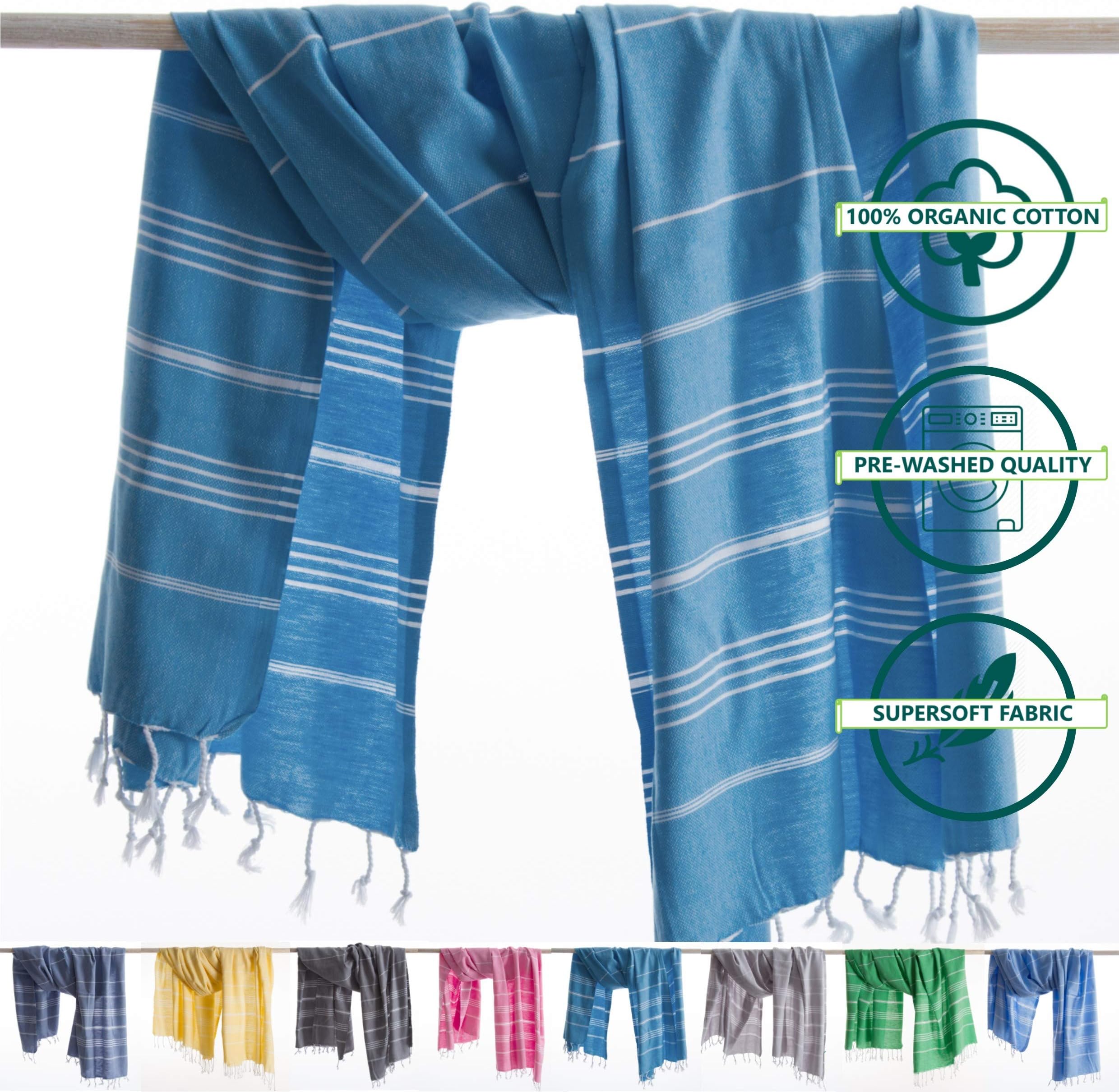 ANATURES Hammam Towel PLAYA 95 x 185 cm / 37″ x 72″ | Soft Turkish Organic Cotton Beach Towel Extra Large Peshtemal | Pre-washed - Oeko-TEX® - Fair Trade | Travel Beach Spa Pool (Turquoise)