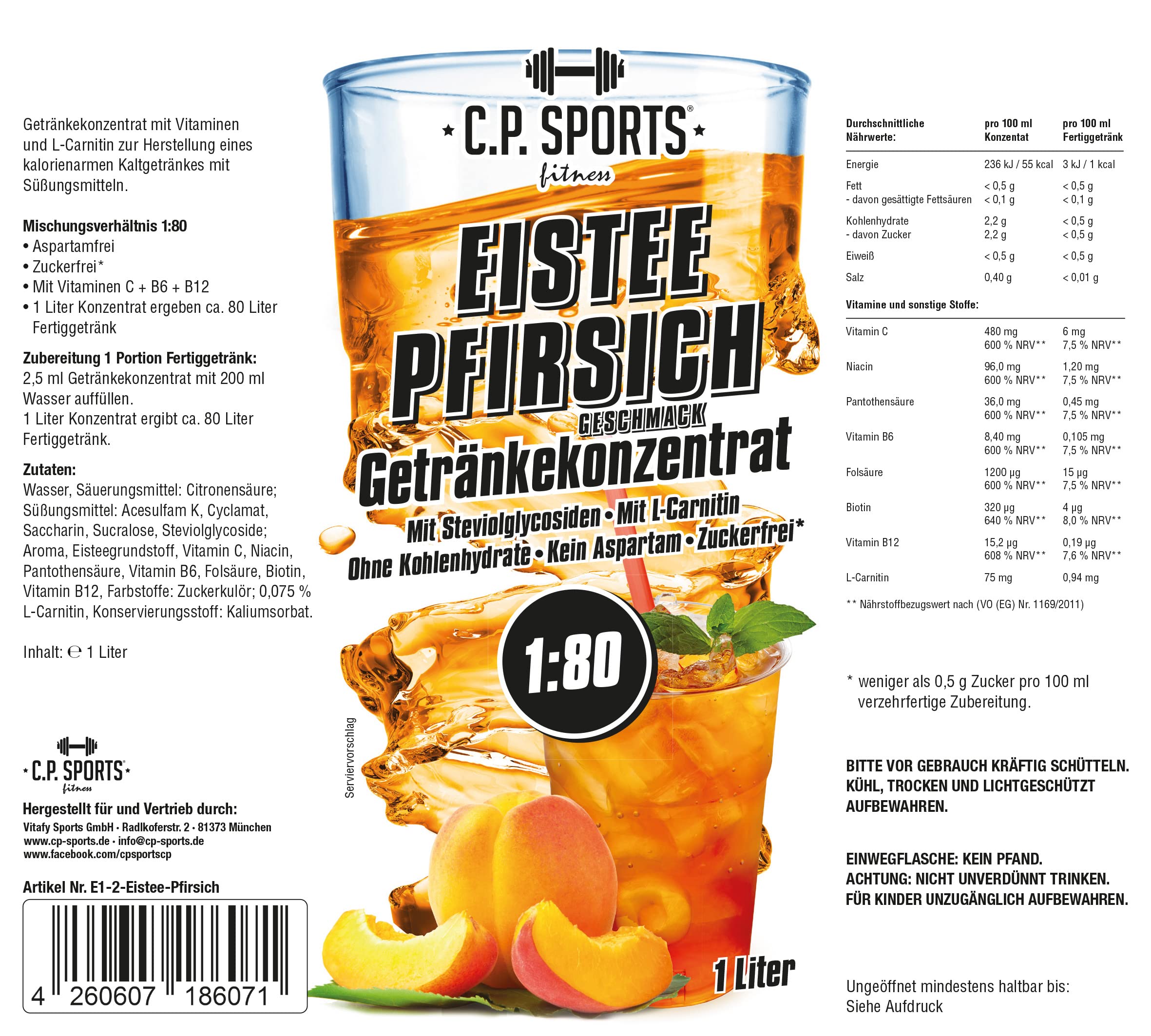 C.P. Sports Getränkesirup EISTEE-PFIRSICH für Mineraldrink mit Vitaminen I Sirup ZUCKERFREI* für Vital-Drink I Getränkekonzentrat zum Mixen mit Wasser für Getränk 1 Liter + Pumpspender 3