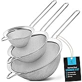 ELEEN Premium Stainless Steel Fine Mesh Strainers for Kitchen 3-Piece Set with Non-Slip Handle, Small, Medium & Large Sieves,
