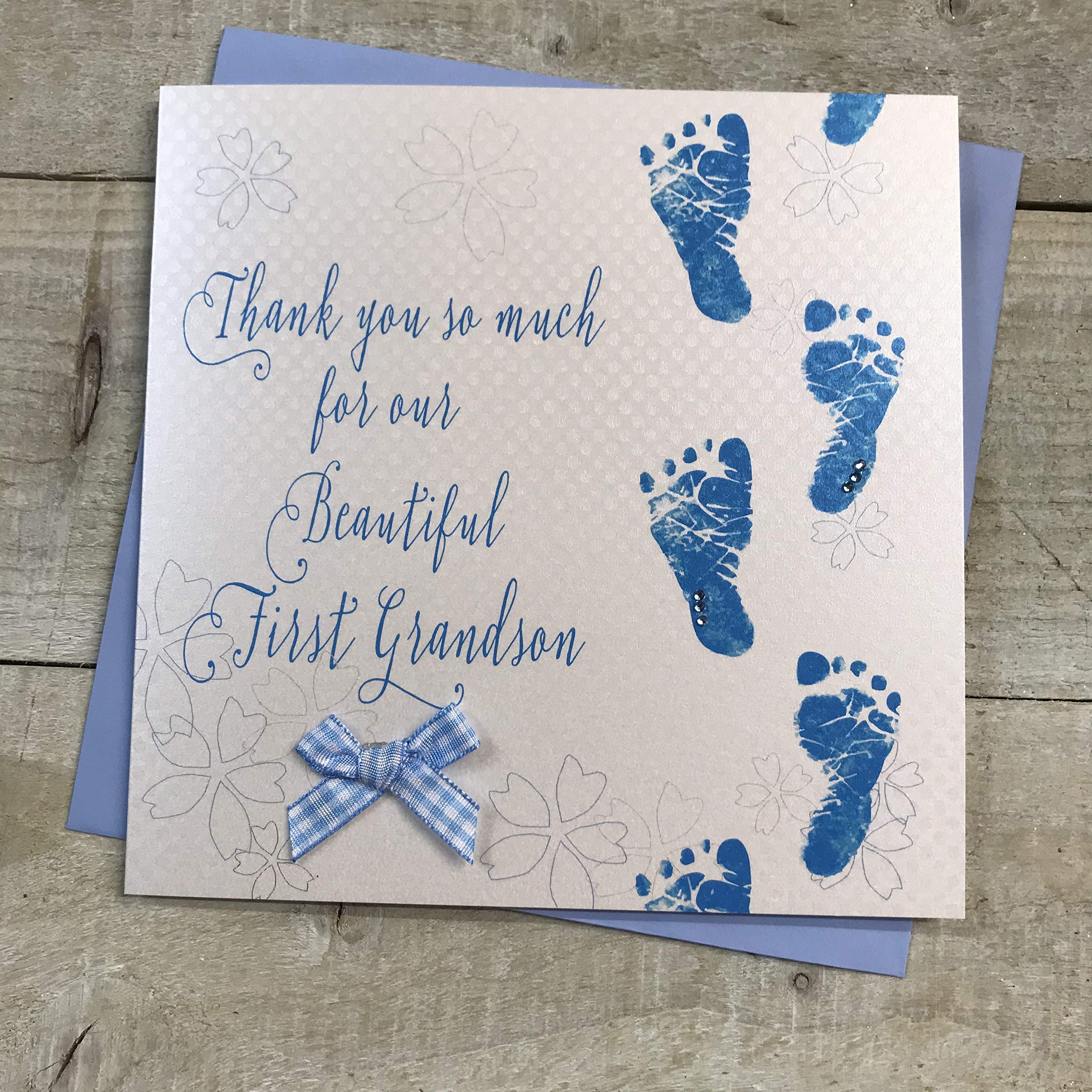 WHITE COTTON CARDS Thank you so much for our Beautiful First Grandson handmade Baby card- Blue Footprints WB300,16cm x 16cm