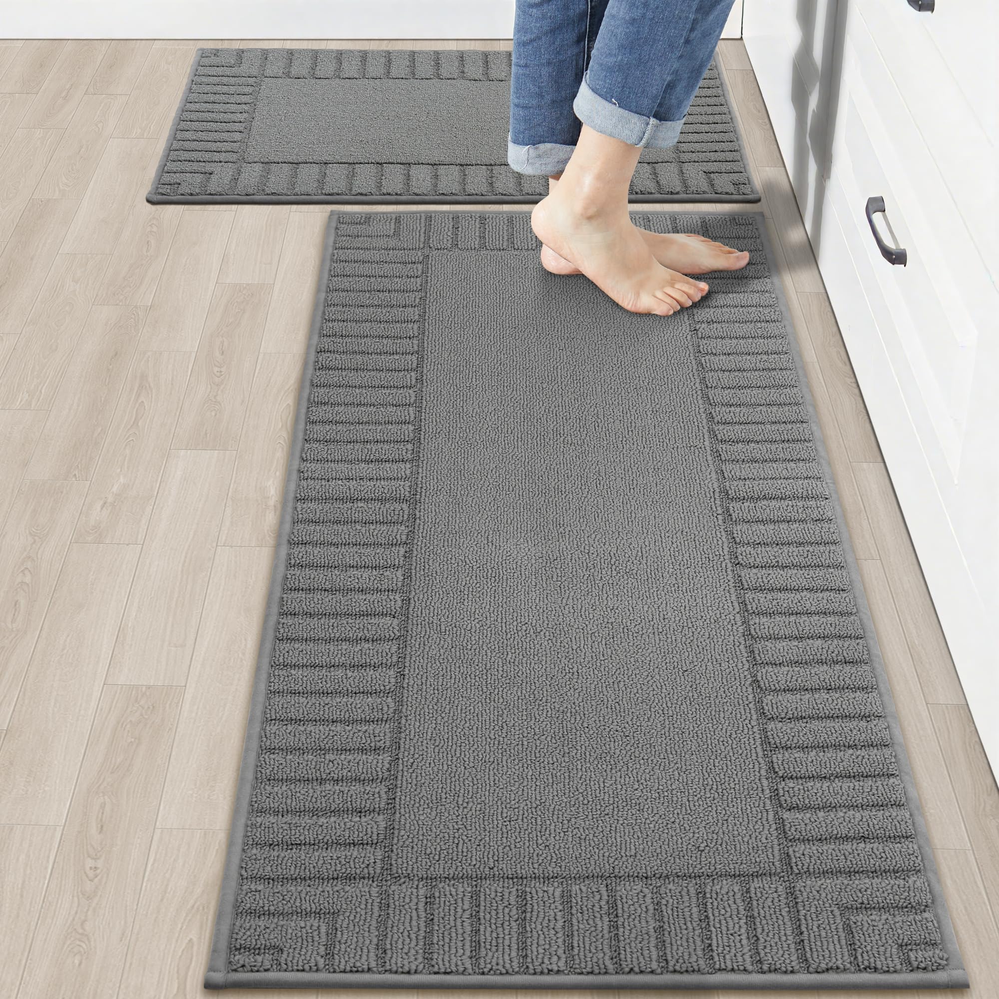 Photo 1 of BEQHAUSE-Kitchen-Rugs-Washable-Kitchen-Mats-for- Floor Non-Slip Kitchen Mat Set of 2 Absorbent Kitchen Runner with TPR Non Skid Backing,Grey,20x30inch/20x48inch