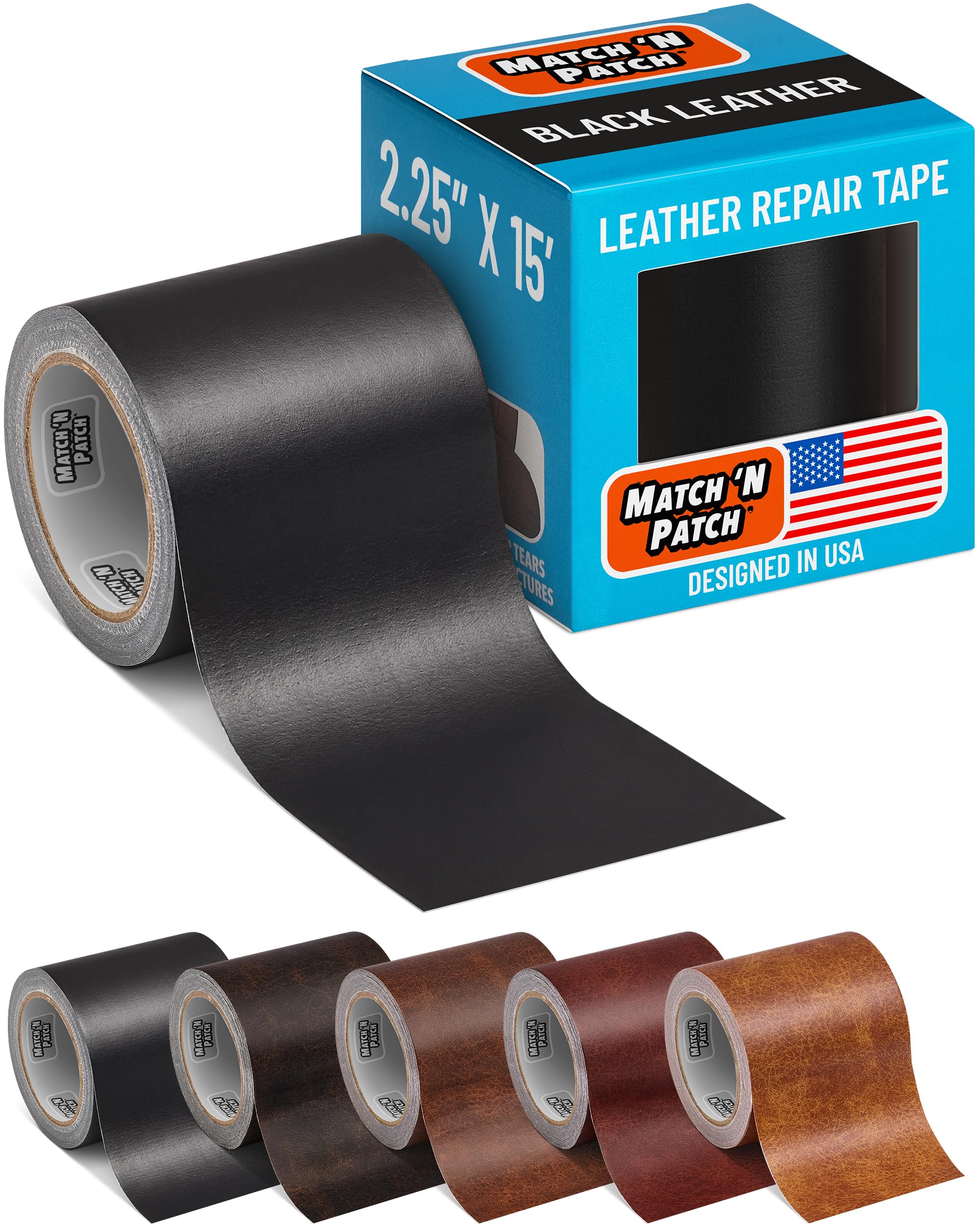 MATCH 'N PATCH Leather Repair Tape - Realistic Printed Leather Pattern for Vinyl, & Synthetic Repairs, Conceal Rips, Scratches, and Tears, for Furniture Fix, Crafts, & DIY - 15 ft x 2.25" Roll, Black