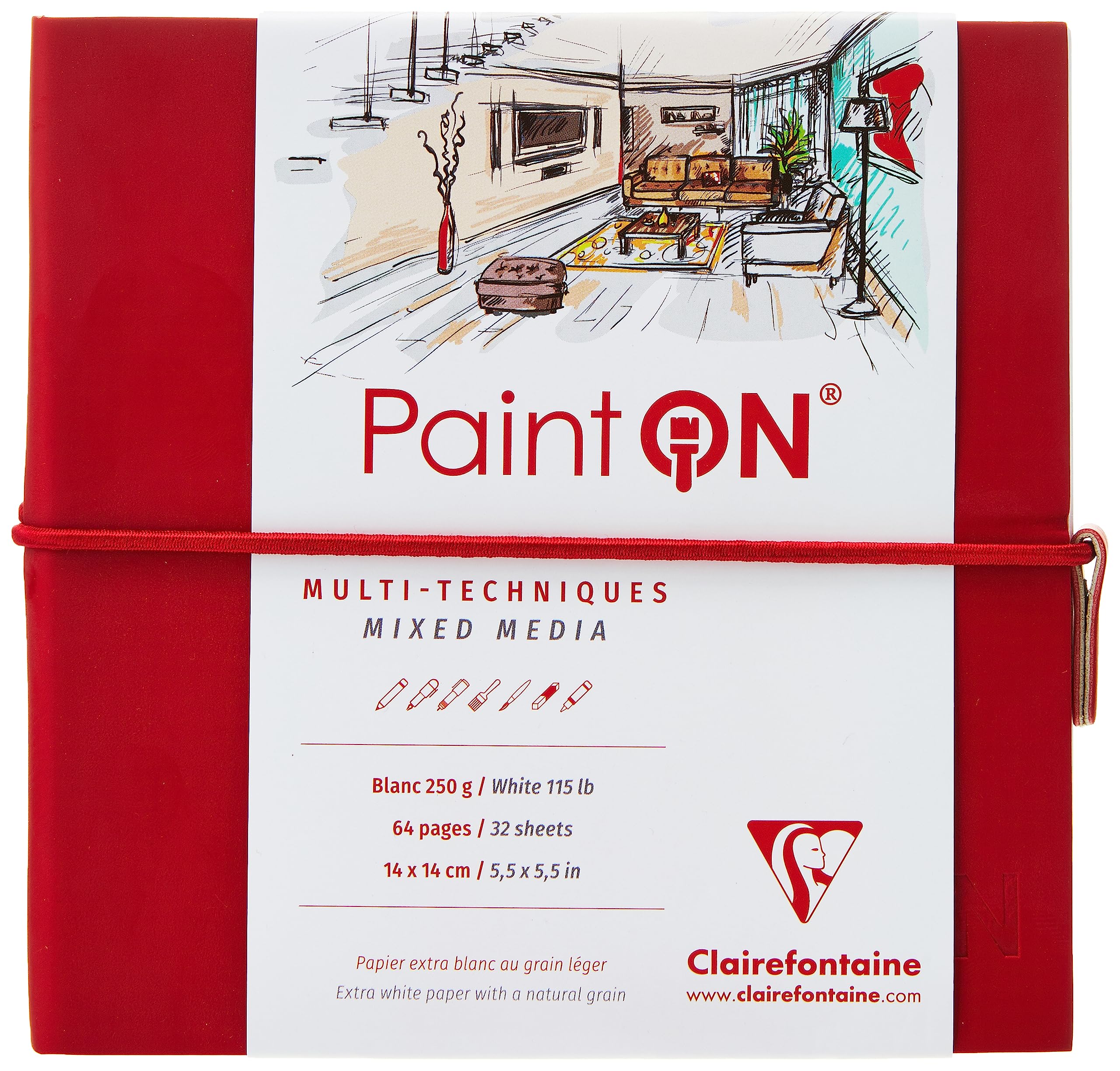 Clairefontaine - Ref 975430C - Paint'On Multi-Technique Sewn Art Book (32 Sheets) - 14 x 14cm, 250gsm Heavyweight Paper, Acid Free - Black Pages / Red Cover