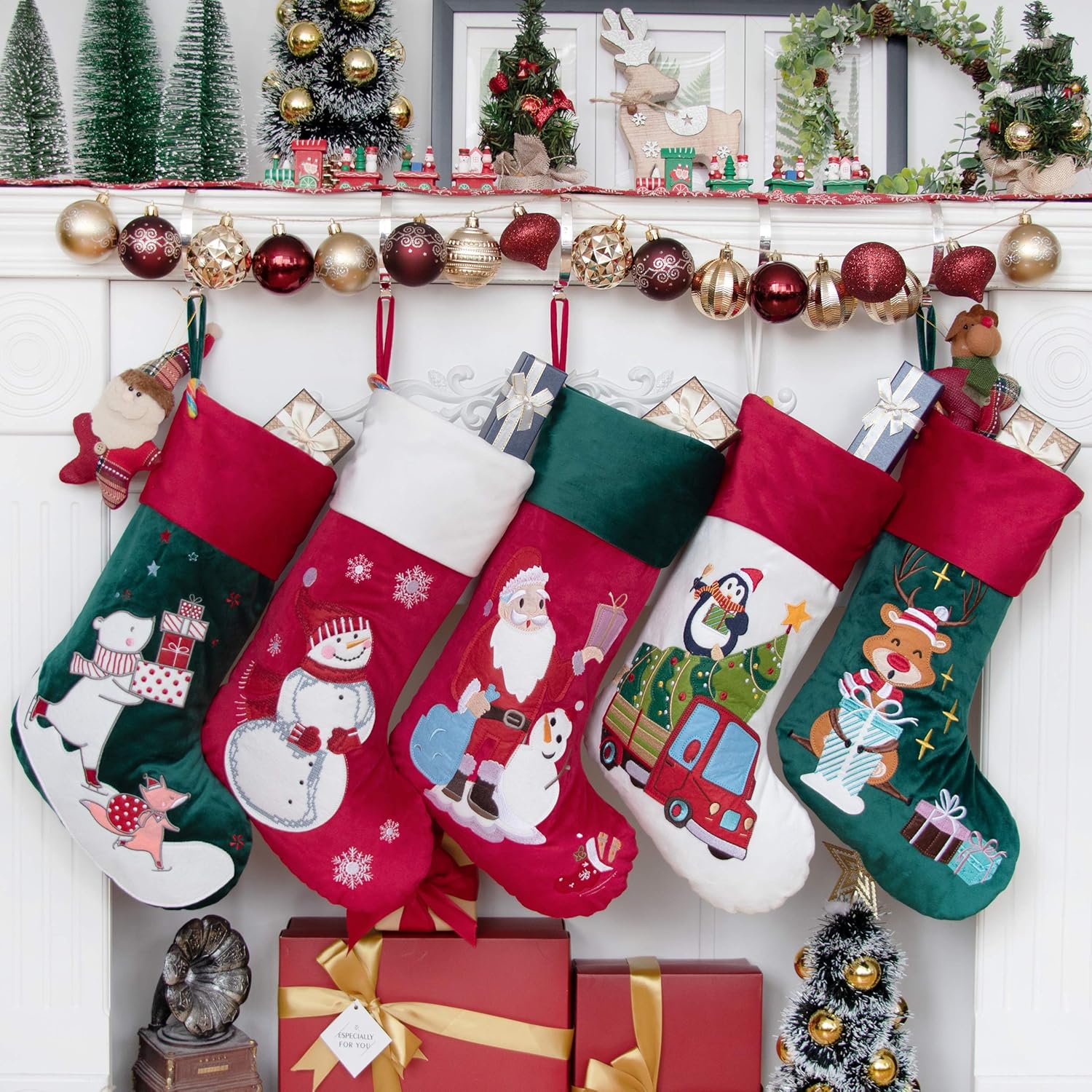 Stockings & Holders - BHD BEAUTY Luxury Velvet Lovely Embroidery Pattern Set of 5 Christmas Stockings for Family Classic Fireplace Decorations Hanging Ornament for Xmas Holiday Party 21 inches
