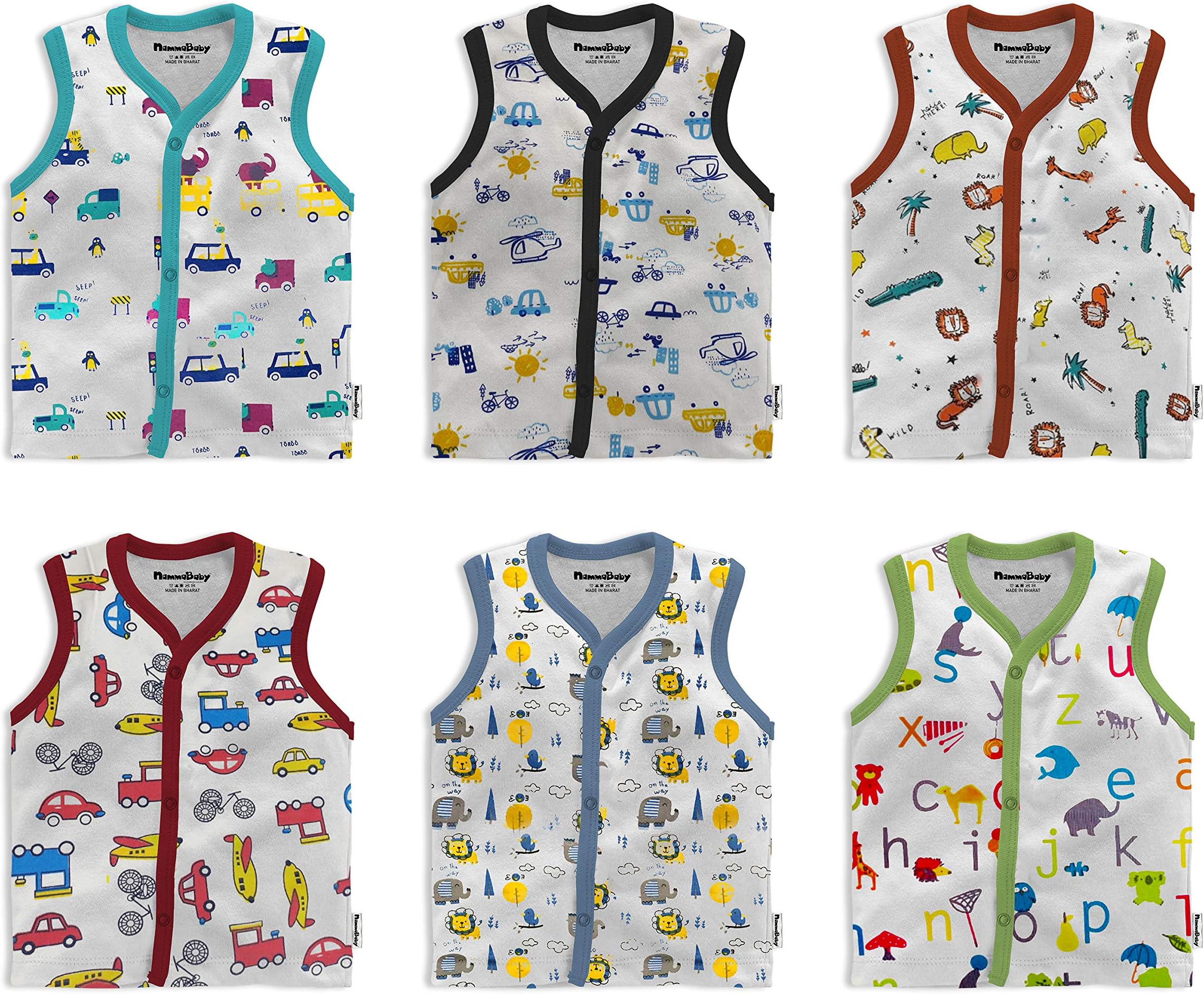 Tinchuk Cotton Front Open Sleeveless Vest- Tshirt -Perfect Summer Wear for Your Baby - Multi-Coloured Set of 6
