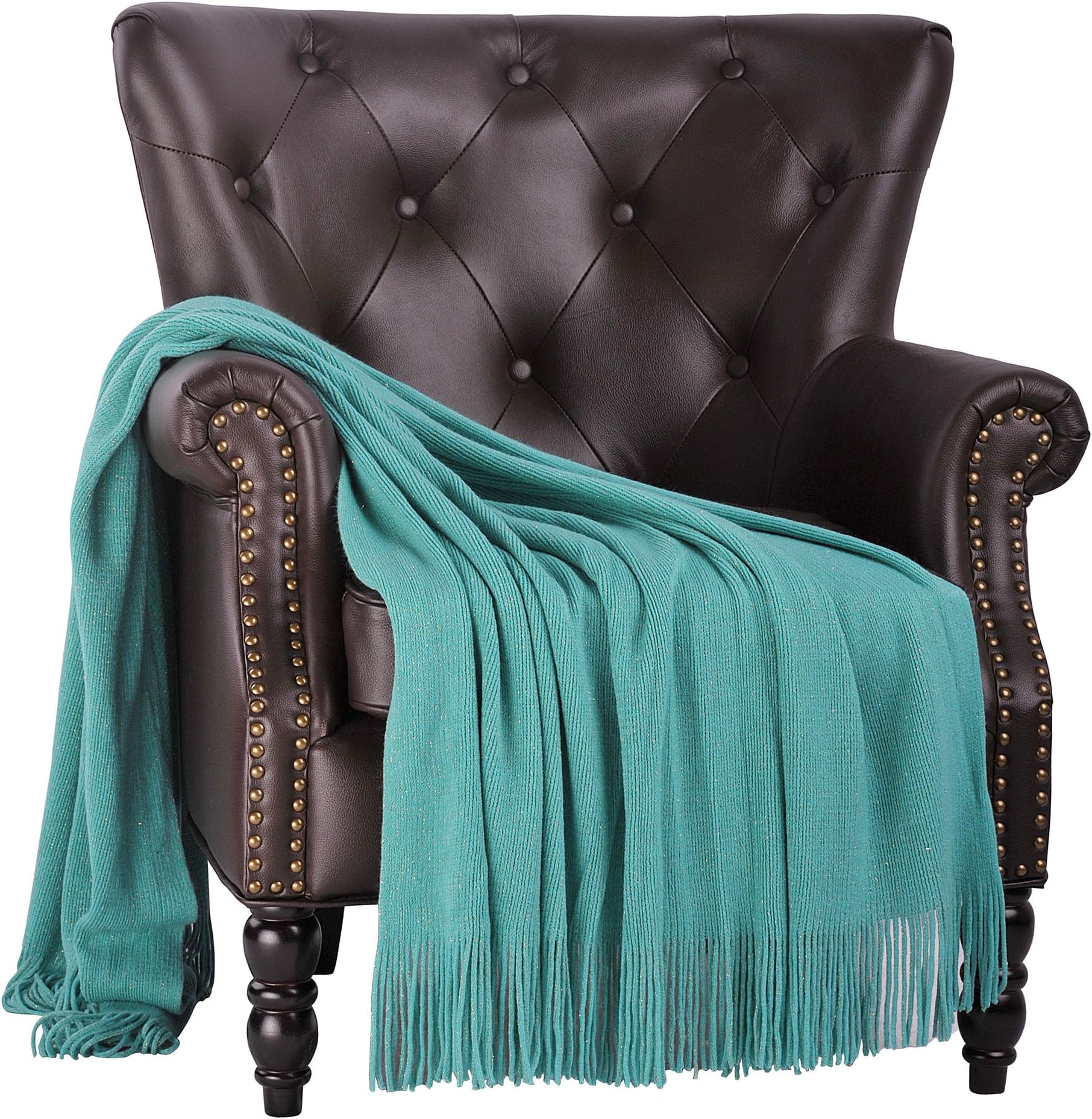 Home Soft Things Knitted Glitter Throw Blanket, 50" x 60", Blue Turquoise with Gold Metalic Yarn