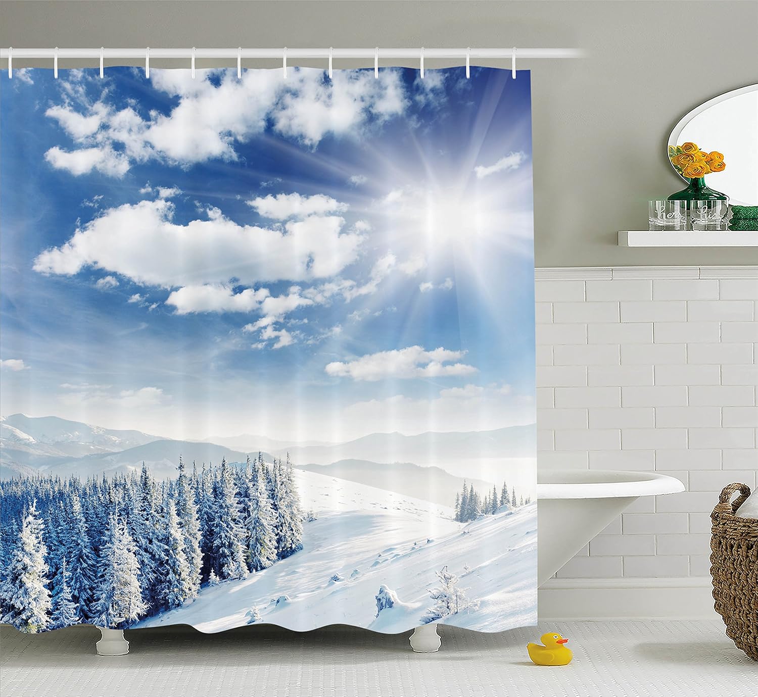 Ambesonne Winter Shower Curtain, Idyllic Snow Covered