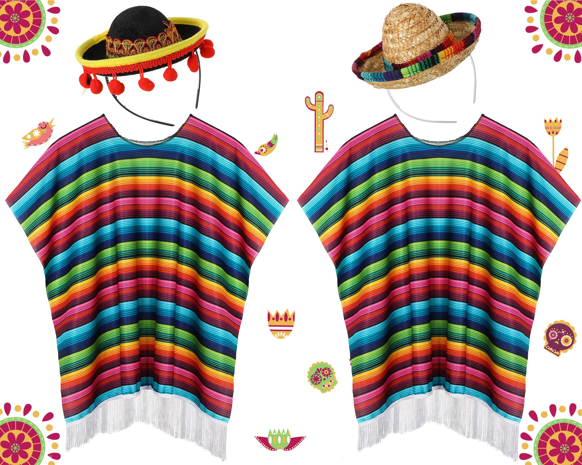 Photo 1 of JaGely 4 Pcs Cinco De Mayo Mexican Fiesta Serape Poncho Fabric and Straw Sombrero Headbands Mexican Costume (Retro)