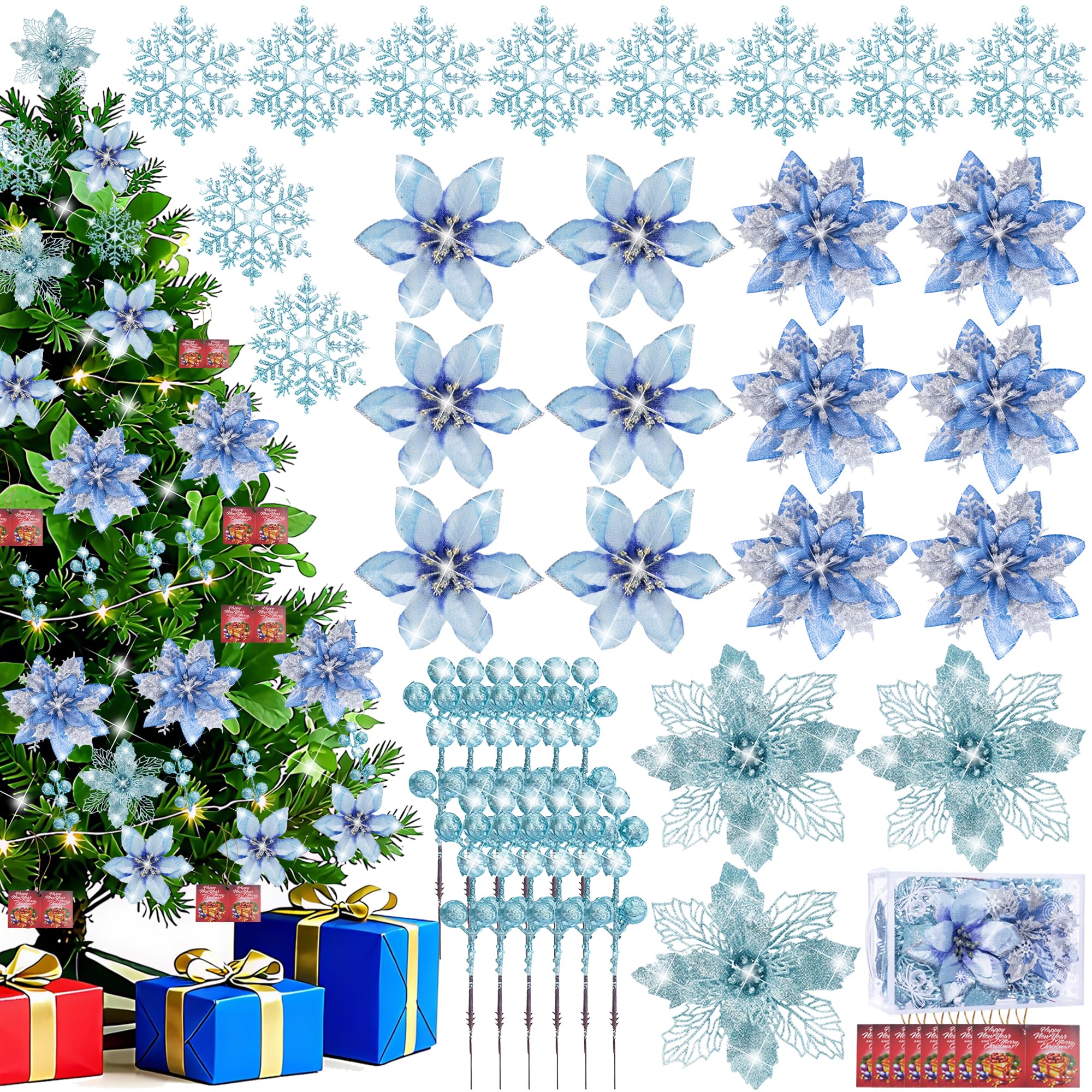 Photo 1 of 59Pcs Christmas Tree Decorations Set, Blue Plastic Shatterproof Hanging Ornaments w/Artificial Poinsettia Flowers, Glitter Berries Stems, Snowflakes for Indoor Home Xmas Holiday Party Decor