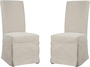 Emerald Home Paladin Rustic Charcoal and Buff Linen Upholstery, Gunmetal Gray Harware Upholstered Dining Chair with Skirted Base, Set of Two