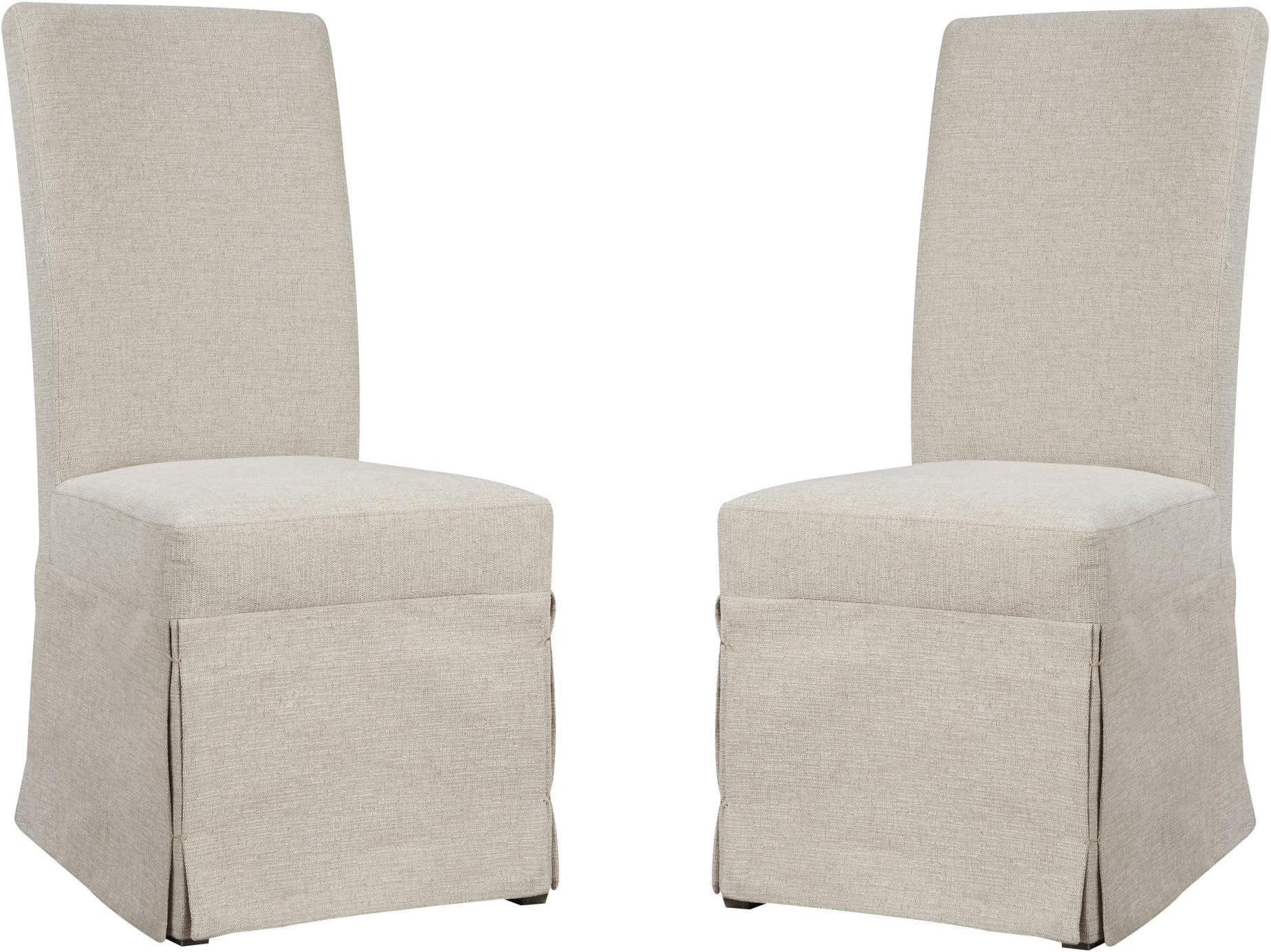 Emerald Home Paladin Rustic Charcoal and Buff Linen Upholstery, Gunmetal Gray Harware Upholstered Dining Chair with Skirted Base, Set of Two
