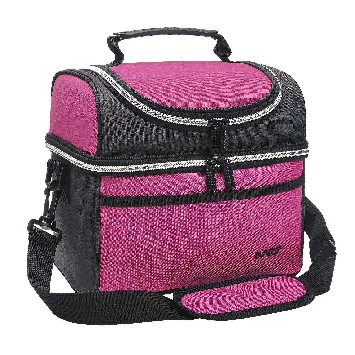 Kato Insulated Lunch Bag, Leakproof Thermal Bento Cooler Tote for Women, Dual Compartment with Shoulder Strap and Front Pocket, Oxford Cloth, Pink