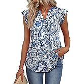 OFEEFAN Summer Tops for Women Button Down Blouses for Women Dressy Casual V Neck T Shirts Ruffle Sleeve