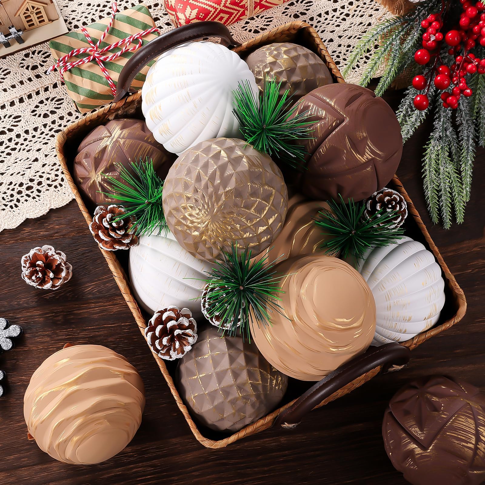 Photo 1 of 12 Pcs Neutral Textured Christmas Ball Ornaments 4 Inch Xmas Tree Decorations Rustic Farmhouse Boho Vintage Hanging Ornaments Earth Toned Home Decor for Tree Party Holiday (Brown01)