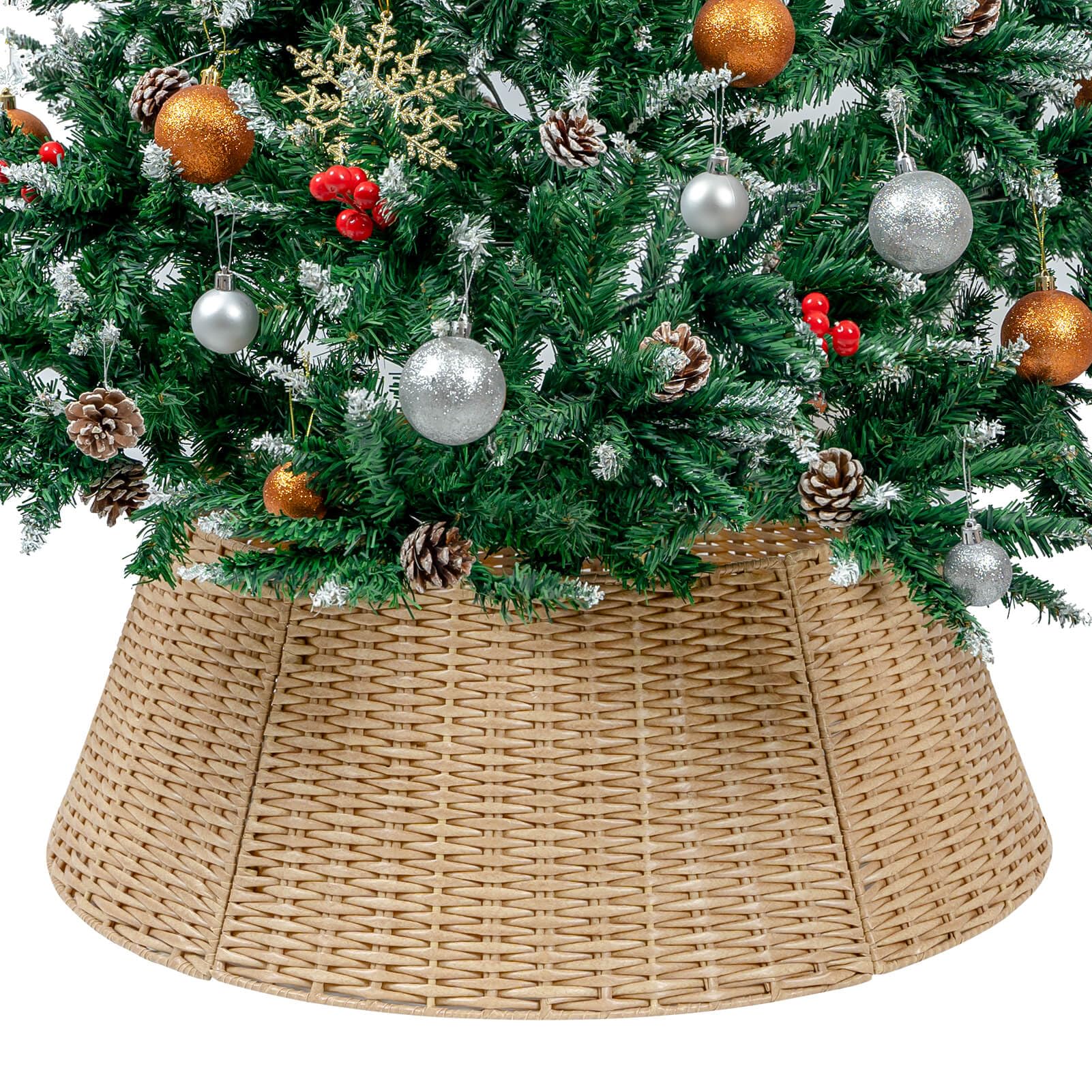 Photo 1 of CubesLand Christmas Tree Collar,Christmas Tree Skirt 27in,Christmas Tree Decor,5-Piece Handcrafted Plastics Wicker Christmas Tree Base Cover,Rustic Christmas Tree Ring, Fit 9-25in Stands-Natural
