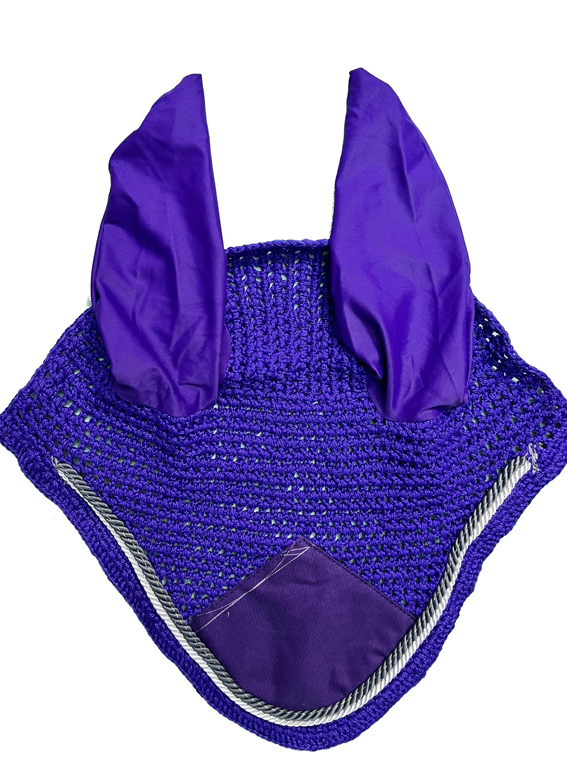 Spire Horse Soft Crochet Fly Veil Breathable Cotton Ear Net Hood Horse fly Control Masks Protector Bonnets (Pony, Purple/Gray-White)