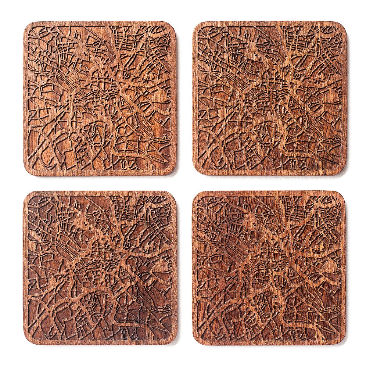 Leeds Map Coaster by O3 Design Studio, Set of 4, Sapele Wooden Coaster with City map, Multiple City Optional, Handmade