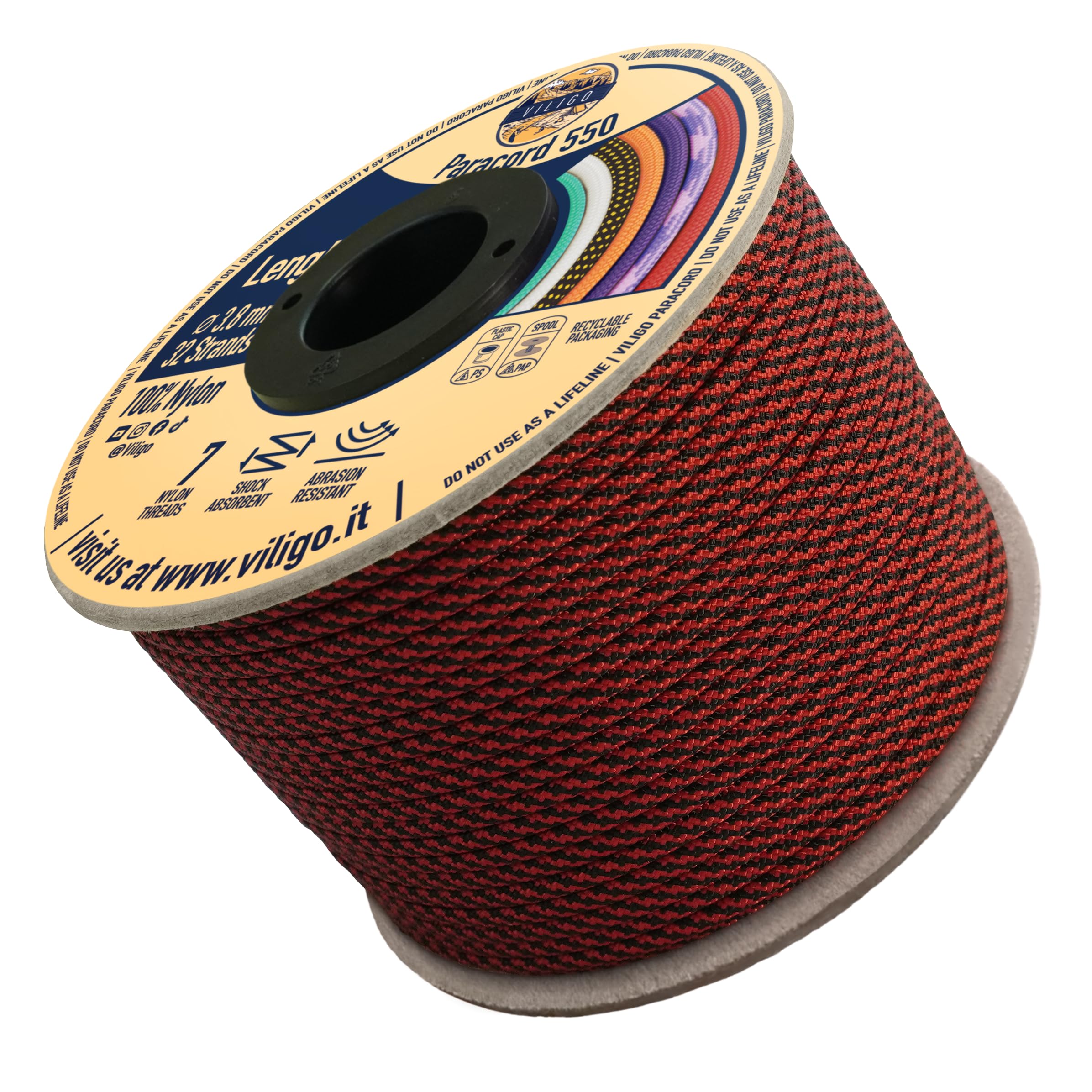 VILIGO Paracord 550 - Type III (3.8 mm) - Nylon Braid, 7 Inner Strands, Ideal for Camping, DIY Projects, Bracelet Making and Accessories (15 m, Volcano)