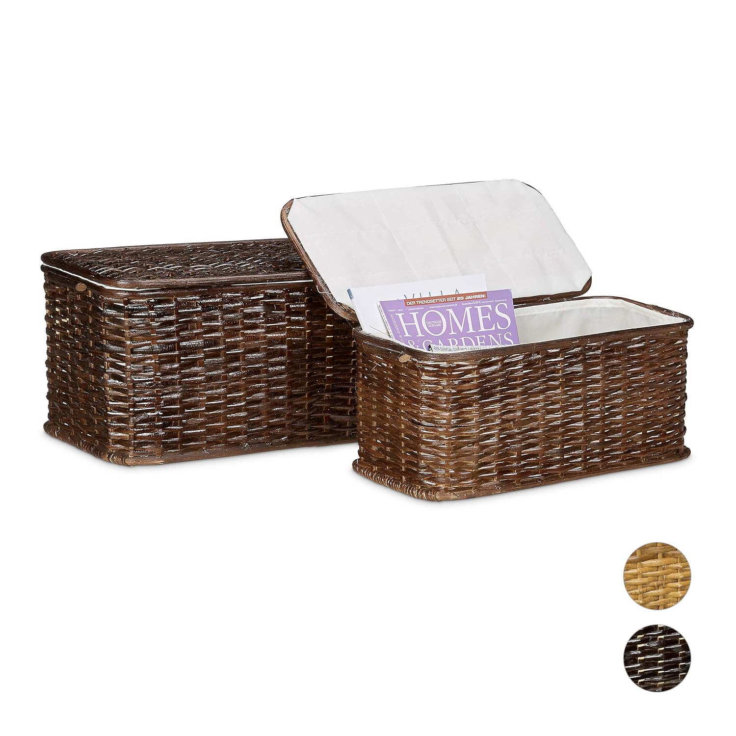 Relaxdays Set of 2 Woven Storage Chests Rectangular Rattan Baskets 50 x