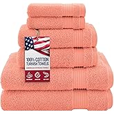American Veteran Towel, 100% Cotton Turkish 6 Piece Towel Set, Luxury Towels Set of 6 for Bathroom Essentials, 2 Bath Towels 2 Hand Towels 2 Washcloths, Coral
