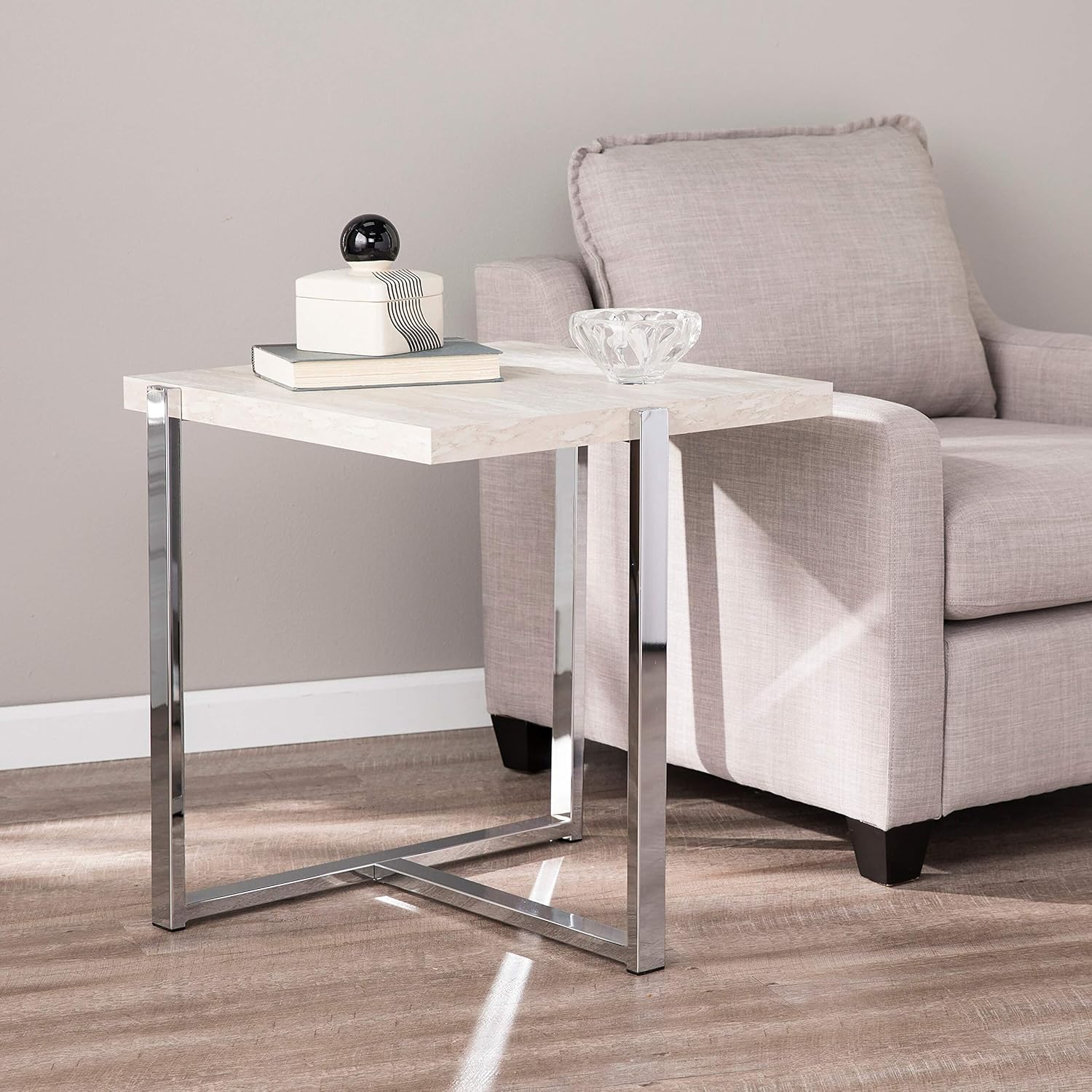 Stone End Table Grey Silver White Glam Modern Contemporary