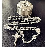 elegantmedical Handmade Silver Rose Beads St. Benedict Rosary Catholic Necklace Crucifix Cross Jerusalem