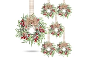 Zeyune 6 Set 9'' Mini Wreath for Kitchen Cabinet Small Christmas Wreath Real Touch Artificial Eucalyptus with Burlap Ribbon Berry Pine Cone Farmhouse for Xmas Window Front Door Chair Fireplace Hanging
