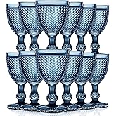 Bokon 12 Pack Blue Glass Goblets Set 10 oz High Clear Wine Glass Vintage Water Goblets Cups Embossed Diamond Design Glassware with Stem for Drinking Juice Liquor Party Wedding Bar