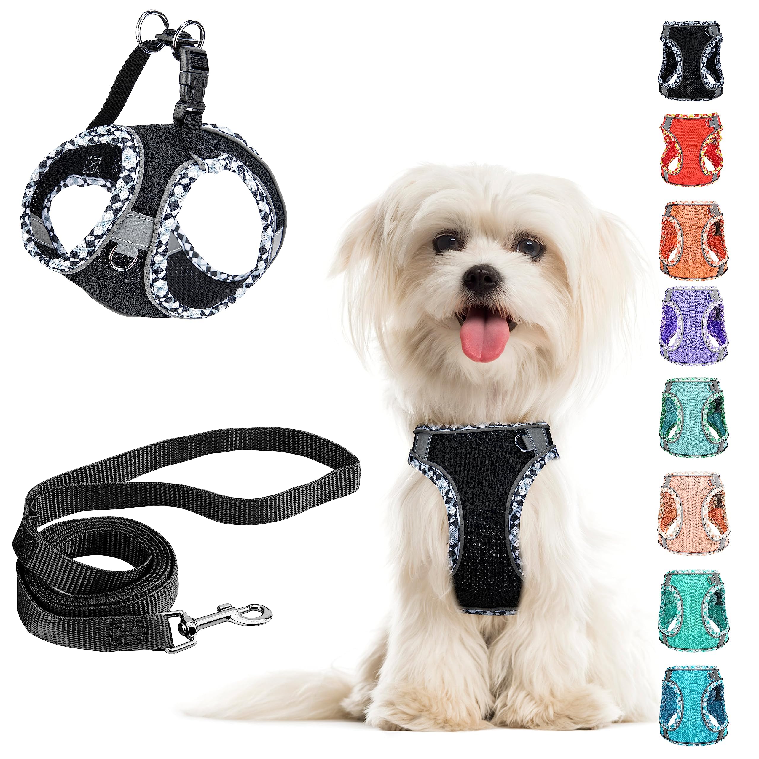 No Pull Adjustable Reflective Breathable Mesh Step-in Harness & Leash Set - Easy Walk Dog & Cat Harness for Extra Small/Small & Medium Puppy (Black, S)