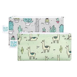 Bumkins Snack Bags, Reusable, Washable, Food Safe, BPA Free, 2-Pack – Llama / Cactus