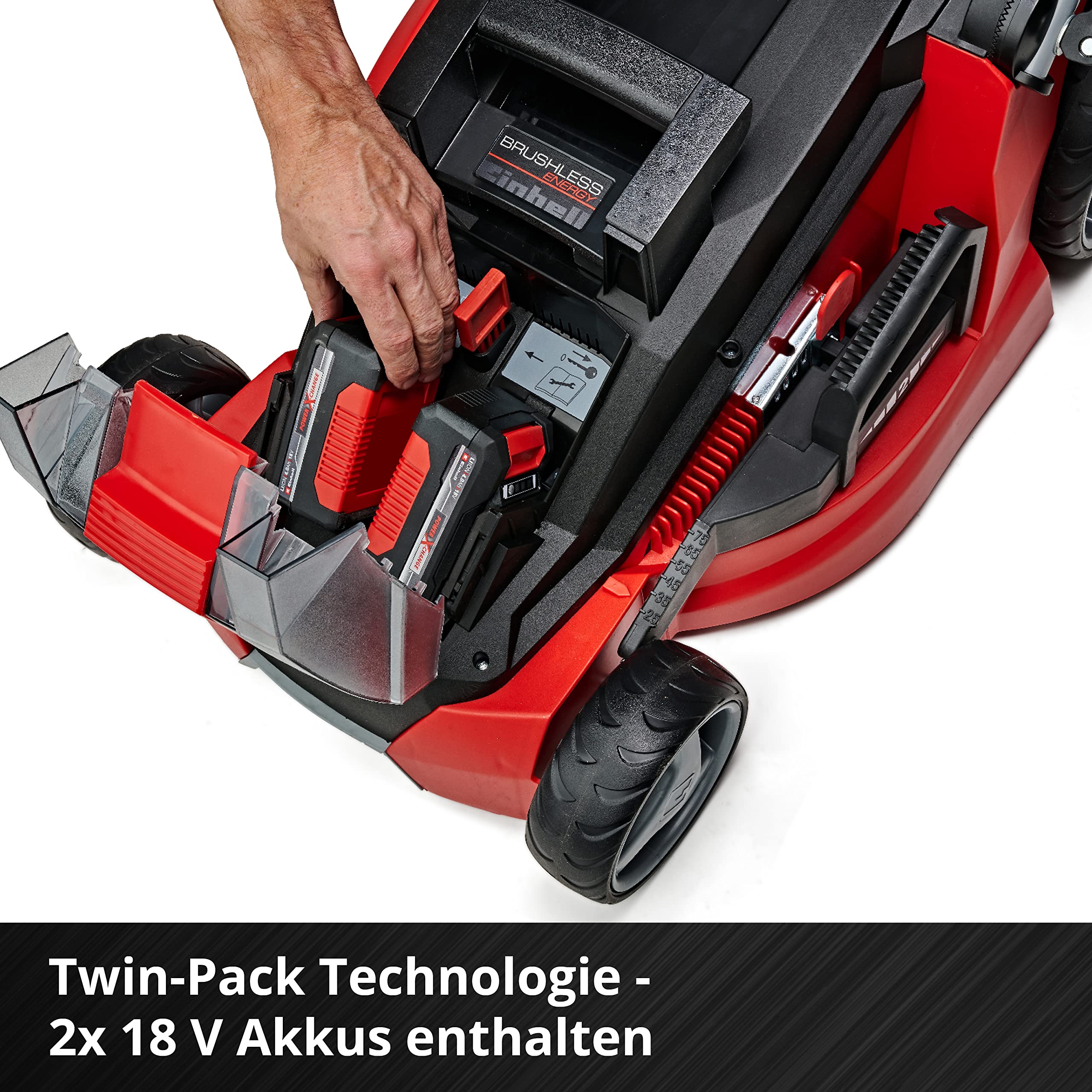 Einhell Akku-Rasenmäher GE-cm 43 Li M Kit Power X-Change (36V, 43 cm Schnittbreite, bis 600 m², Brushless, Mulch-Kit, 63L Fangkorb, 25-75 mm Schnitthöhe, inkl. 2X 4,0Ah + 2X Ladegerät) 6