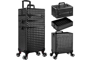 JINGUAN 3 in 1 Rolling Makeup Train Case Professional Large Cosmetic Trolley Cosmetology Case on Wheels Traveling Cart Trunk for Hairstylist Artist Nail Beauty Salon Barber, Black