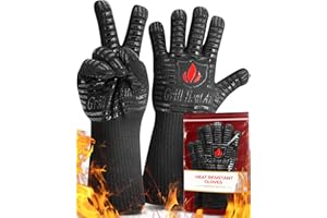 GRILL HEAT AID Premium BBQ Gloves - 1472°F Heat Resistant Gloves for Grilling, Longer Cuff Grill Gloves Heat Proof for Men, Oven Mitts for Baking, Pizza, Barbecue, Cast Iron, Fire Pit, Fireplace