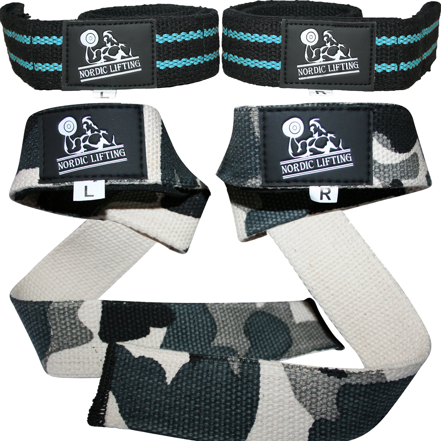 Lifting Straps (2 Pairs) - For Weightlifting|CrossFit|Gym - AquaBlue & CamoGrey