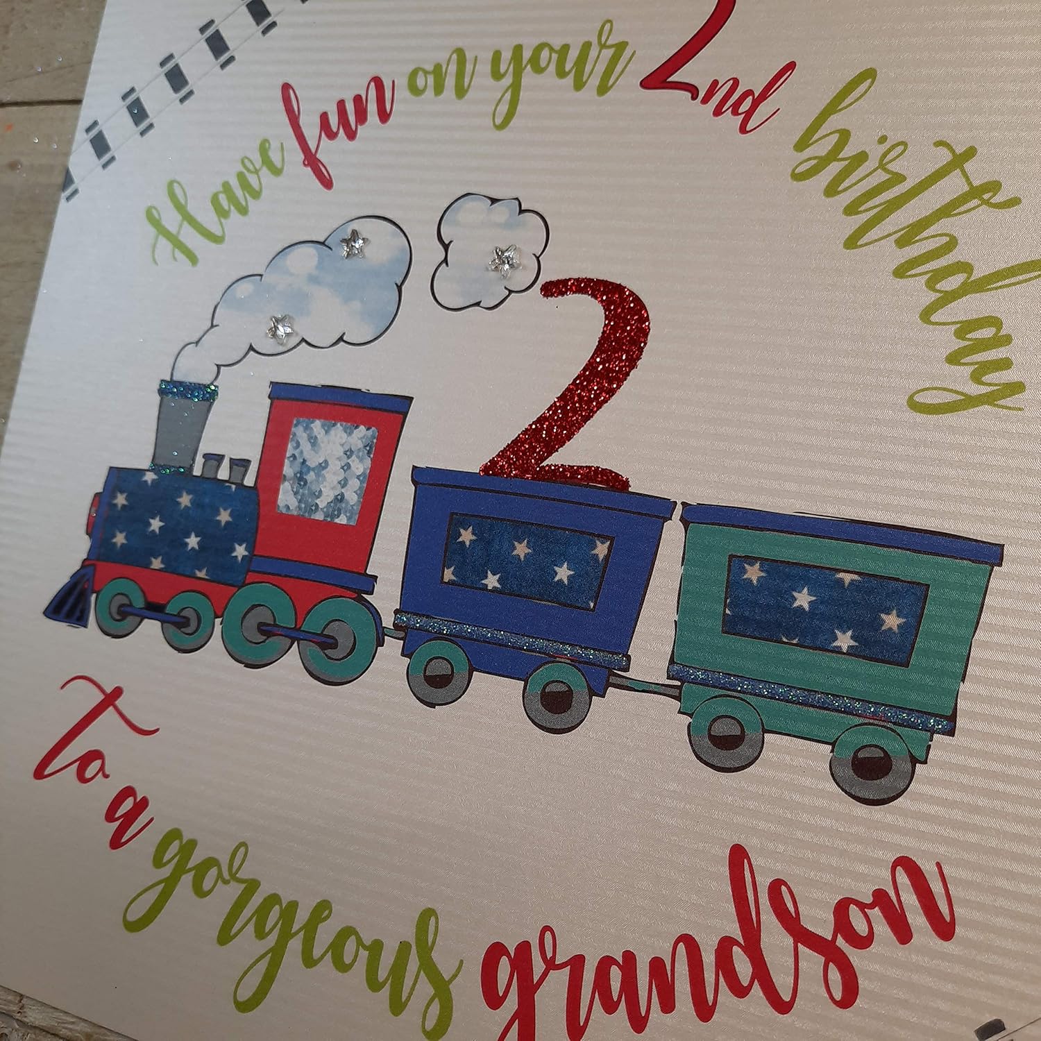 white cotton cards XR41-2gs Large"Have Fun on Your 2nd Birthday to a Gorgeous Grandson" Handmade Card,22cm x 22cm - Image 3