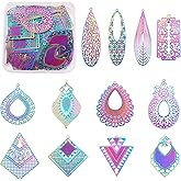 FASHEWELRY 48Pcs Stainless Steel Teardrop Filigree Charms Multi-Color Rhombus Kite Pendants Rainbow Etched Metal Embellishments for DIY Jewelry Making
