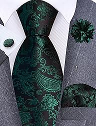 GUSLESON Mens Dark Green Tie for Wedding Silk