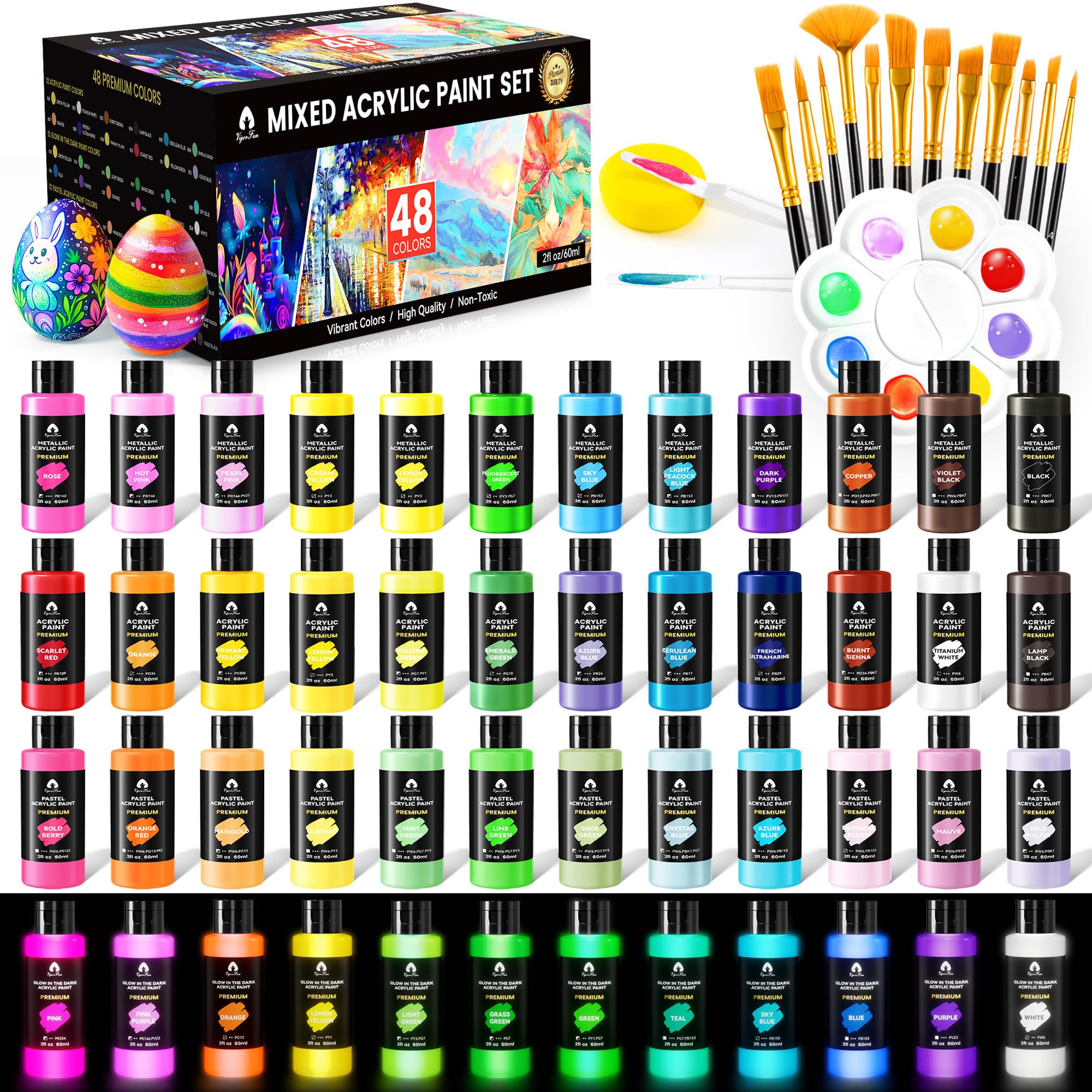 Photo 1 of 64 Pcs Classic & Pastel & Metallic & Glow in the Dark Acrylic Paint Set with 12 Brushes, 2 Knives & Palette, 48 Colors (2oz/60ml) - for Adults, Kids, Artists & Beginners - Arts and Crafts Painting Kit