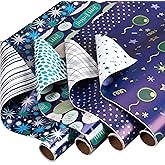 American Greetings 160 sq. ft. Reversible Wrapping Paper Bundle for Birthdays, Baby Showers and All Occasions, Balloons, Blue Polka Dots and Plaid (4 Rolls, 30 in. x 16 ft.)